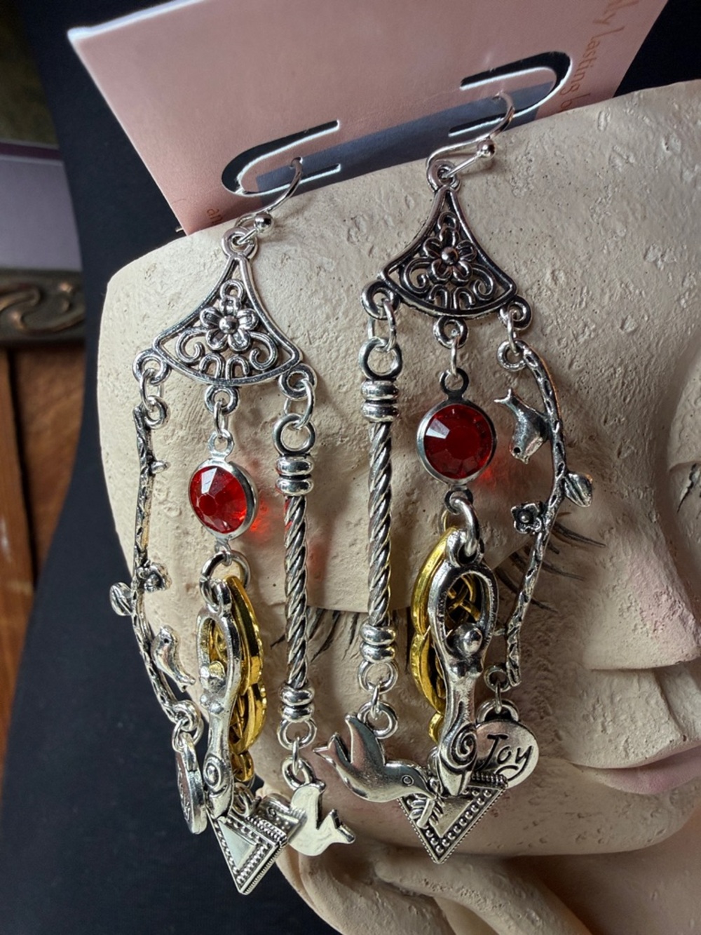 Silver-Tone Dangle Earrings with Red Gem and Gold Accents